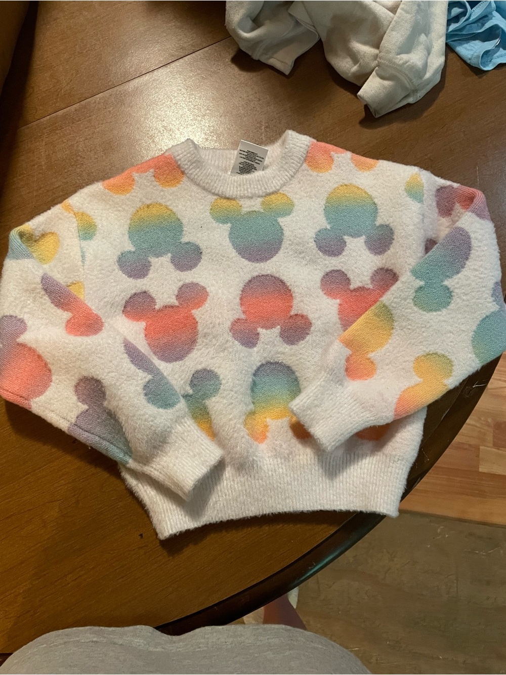 Disney White Crewneck Sweater with Pastel Rainbow Mickey Motif